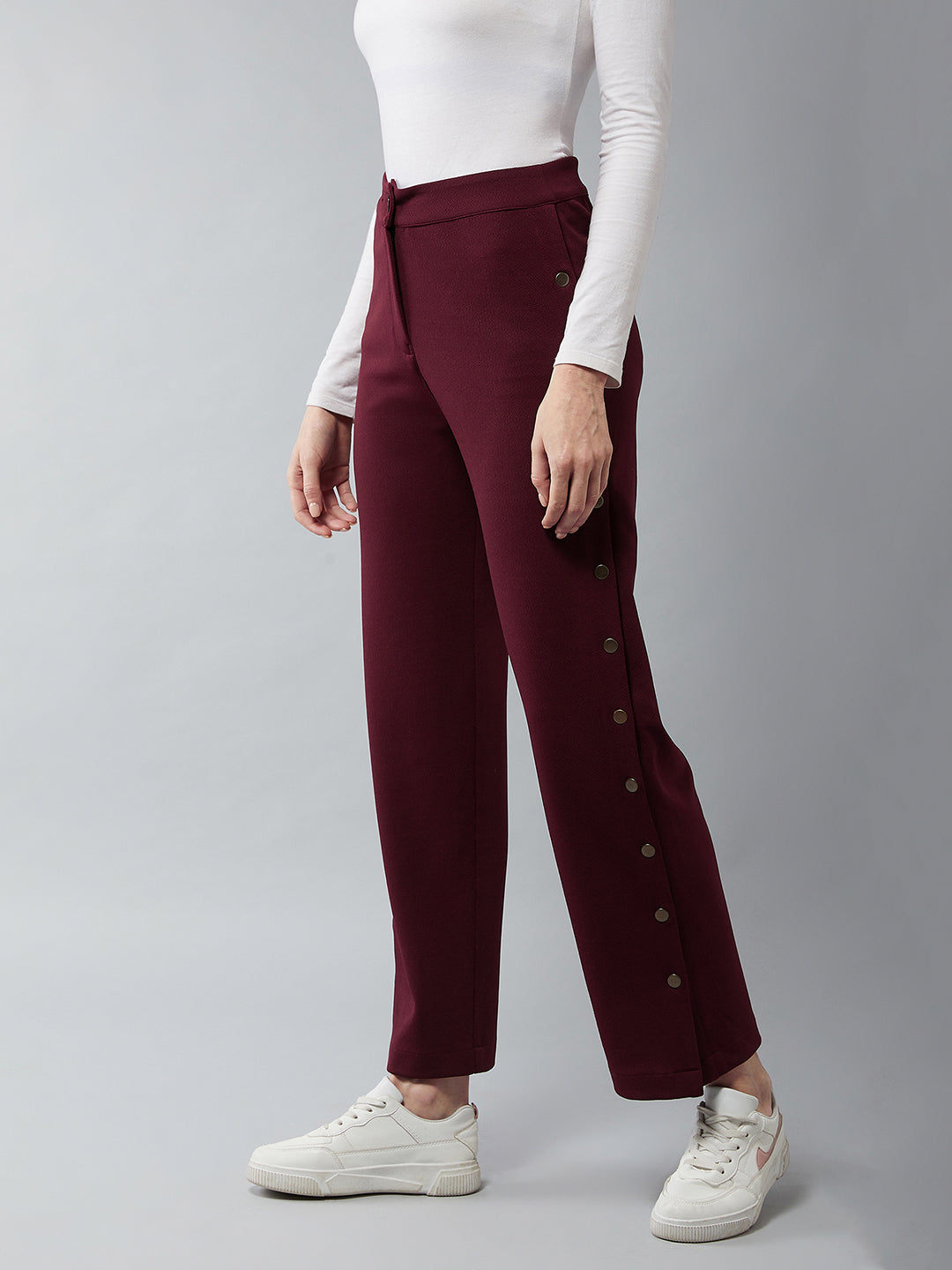 Women's Wine Red Solid Regular Fit Flared Trouser