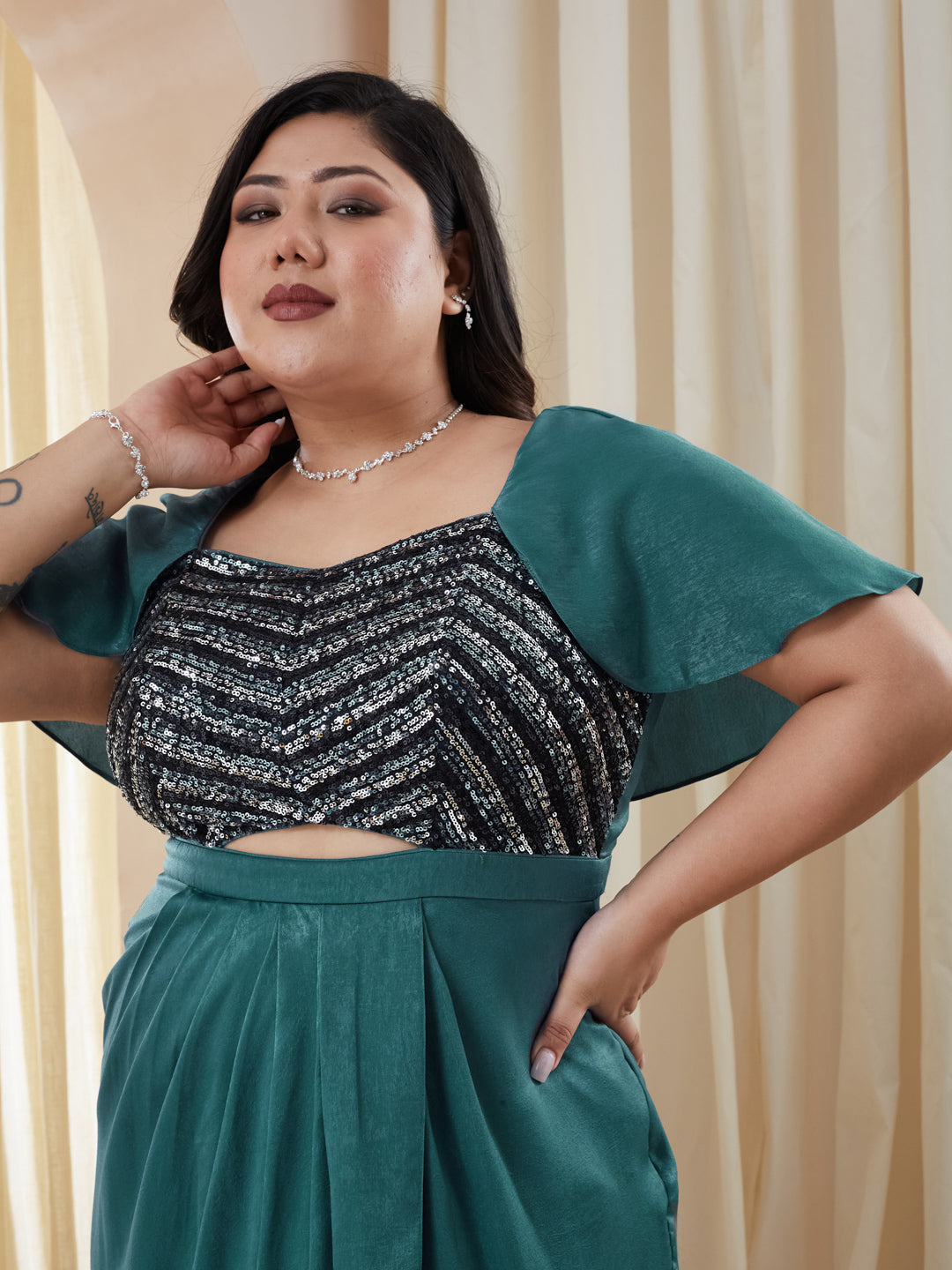 Teal Sweetheart Cape Embellished Draped Satin Maxi Dress for Women
