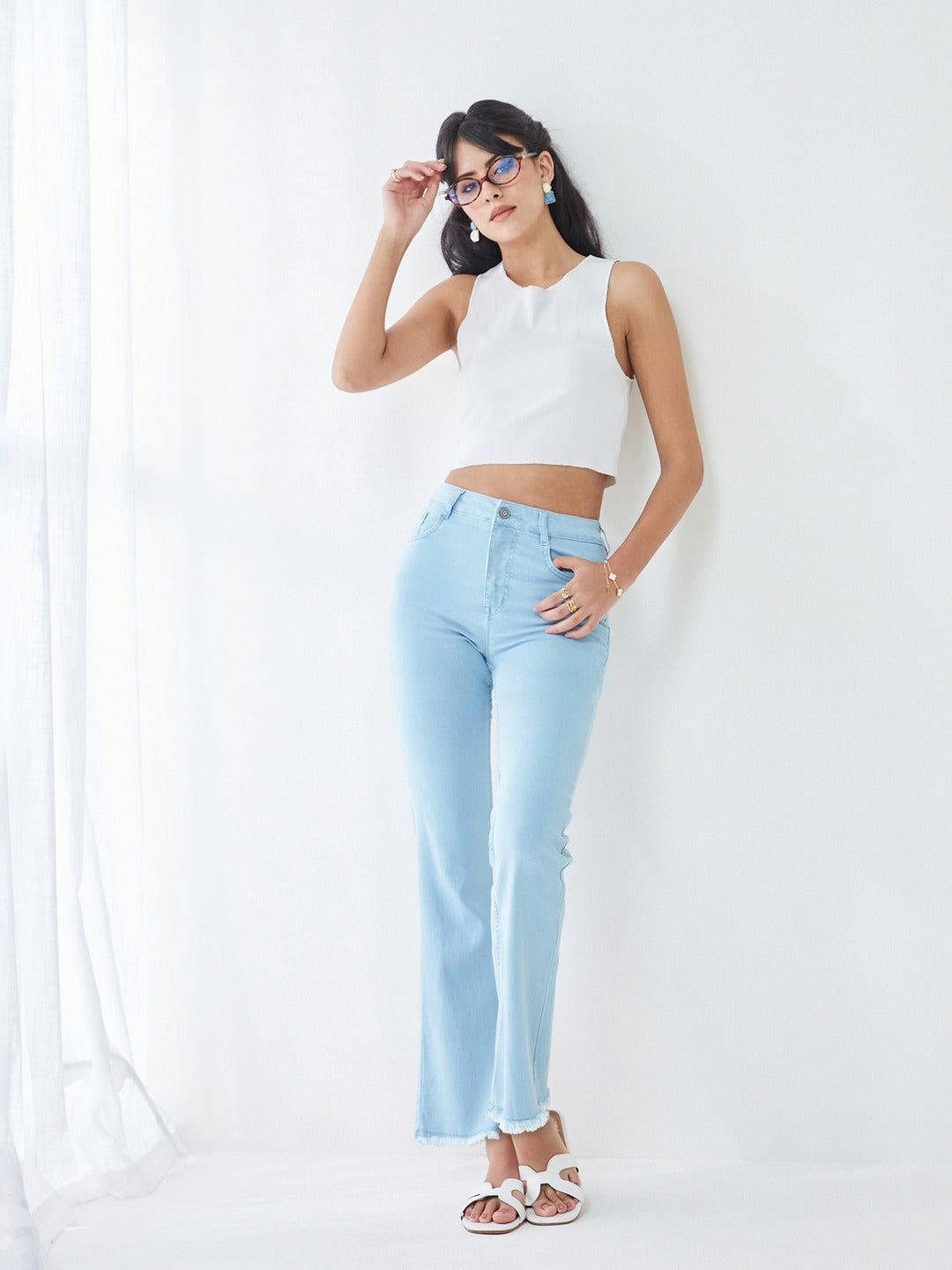 Light Blue Bootcut High Rise Cropped Denim Stretchable Jeans for Women