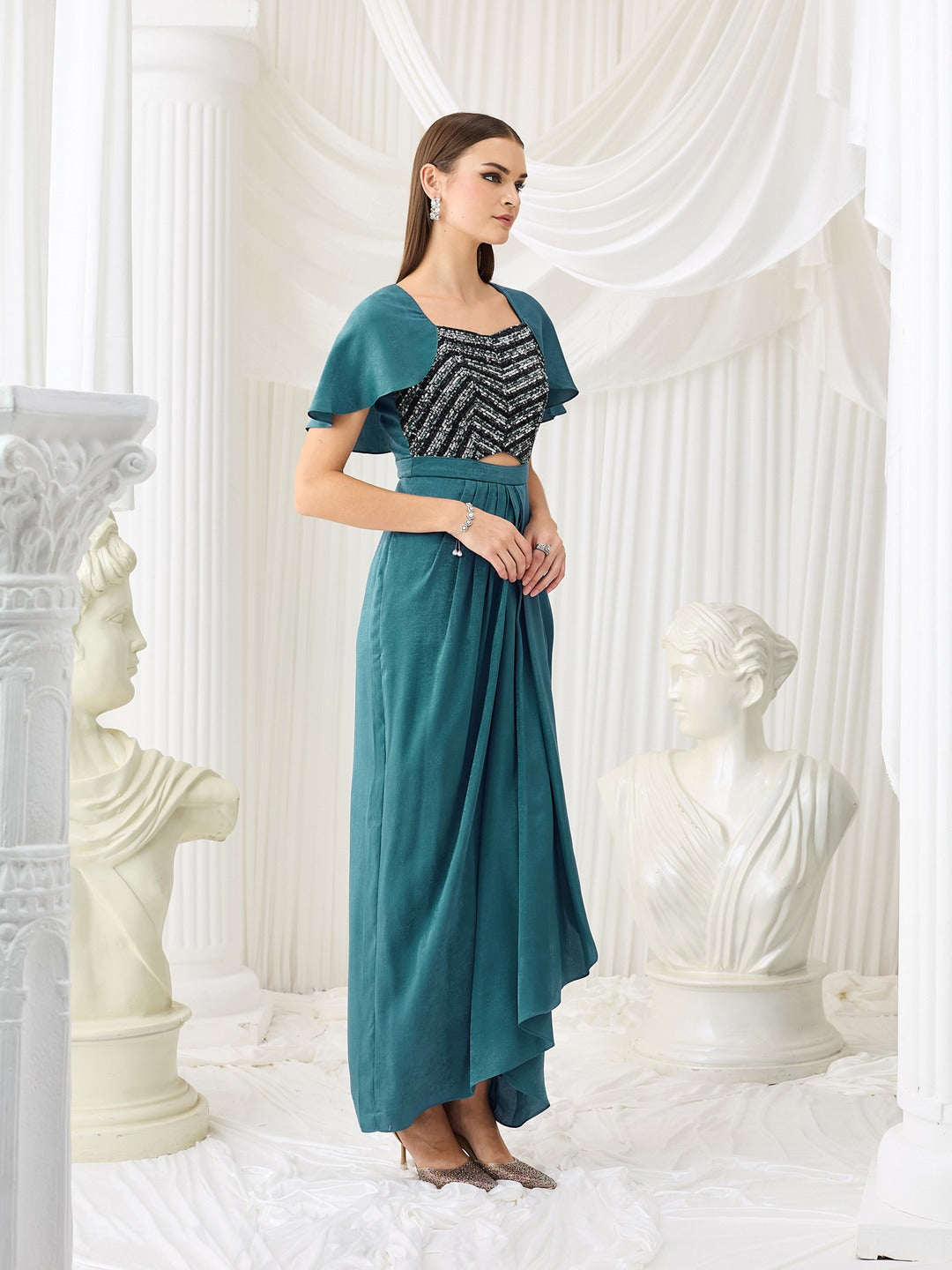 Teal Sweetheart Cape Embellished Draped Satin Maxi Dress for Women