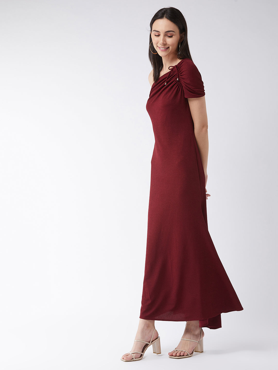 Crease Ease Women's Maroon One-Shoulder Half Sleeve Solid Ruching Maxi Dress