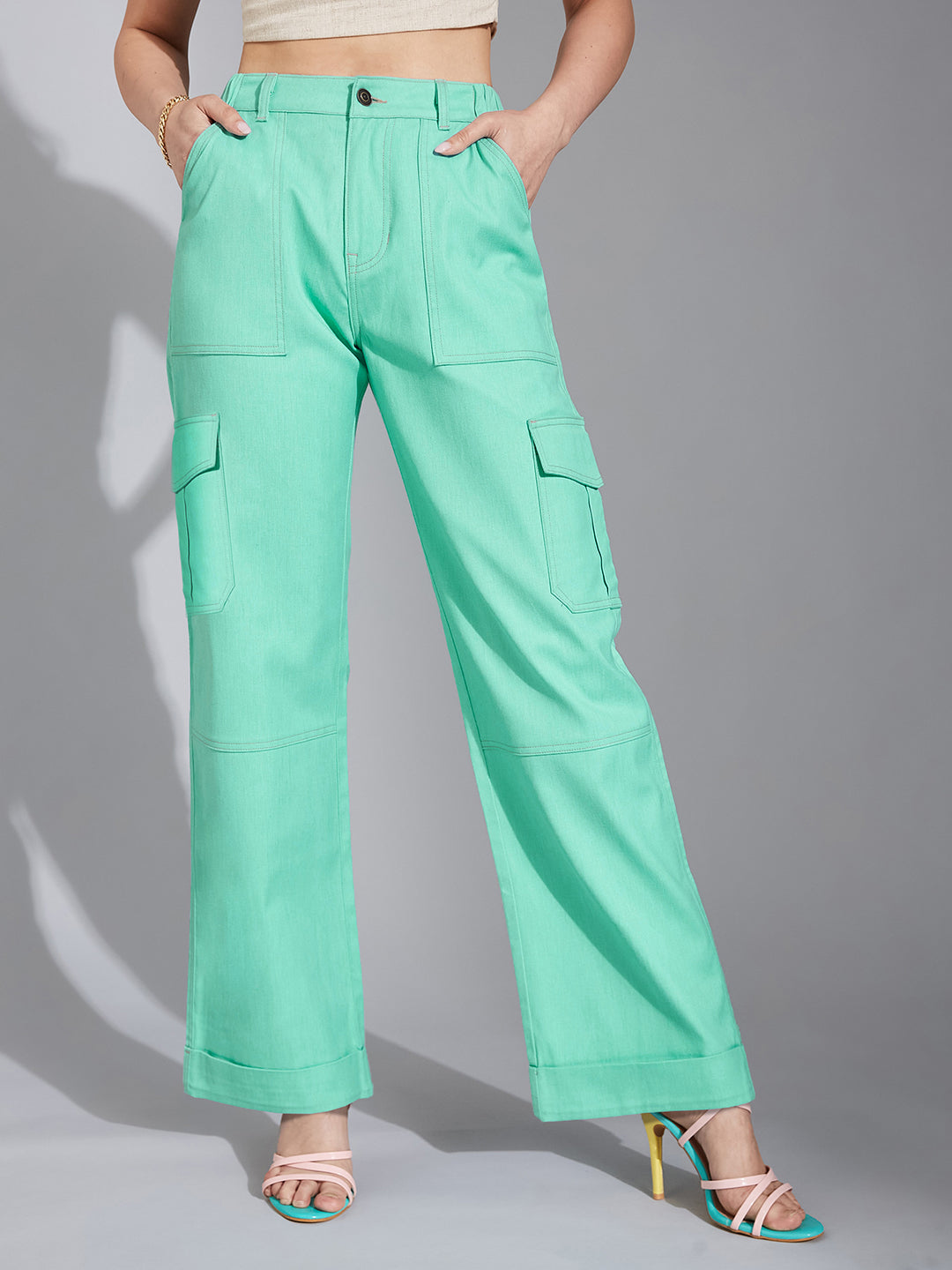 24/7 Comfort Turquoise Wide-Leg High Rise Stretchable Denim Cargo Pants