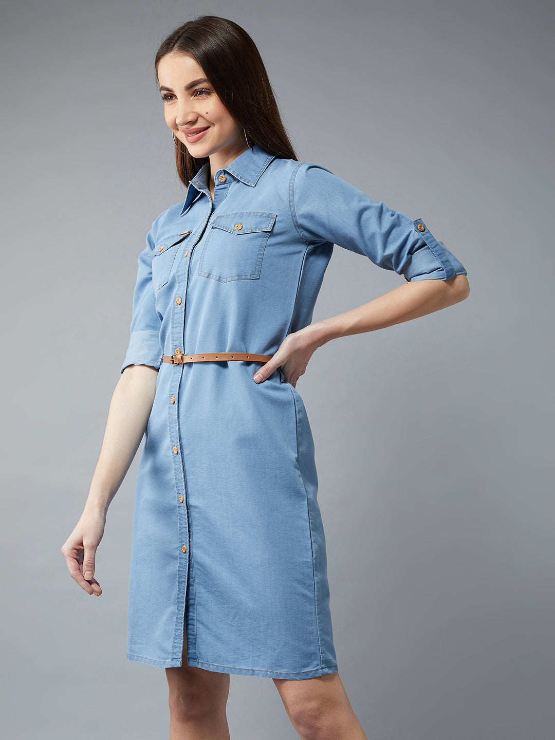 Women's Blue Polo Neck Rolled Up Full Sleeve Denim Solid Buttoned A-Line Mini Dress