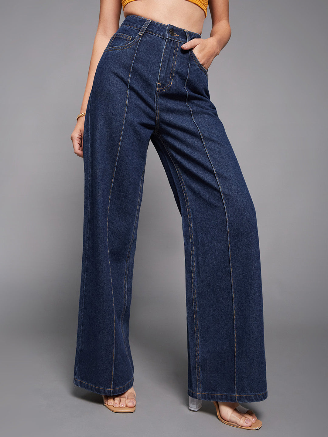 Premium Navy Blue Wide Leg High-Rise Non-stretchable Denim Jeans