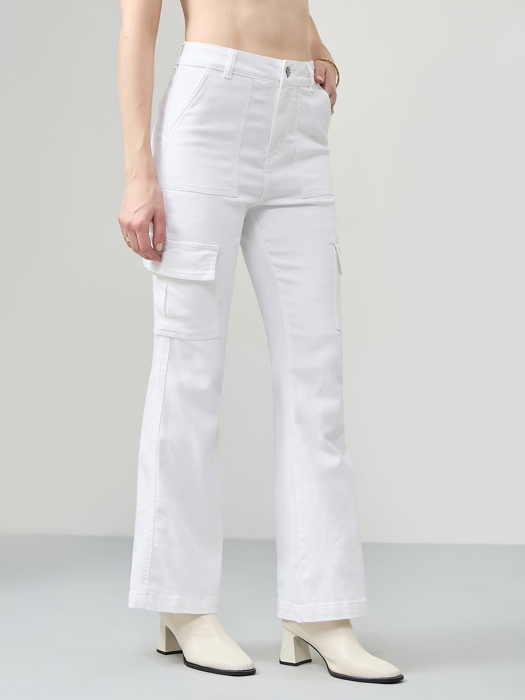 White Wide-Leg High-Rise Stretchable Denim Jeans for Women
