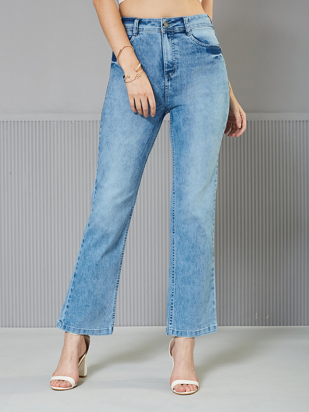 Women's Light Blue Wide-Leg Fit High-Rise clean-look Regular-Length Stretchable Denim Jeans