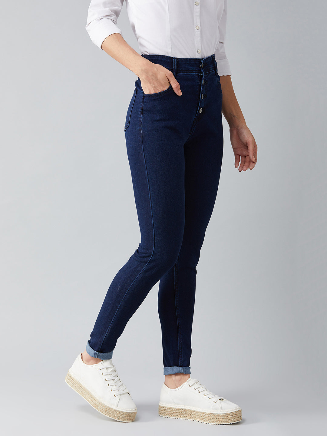 Women's Navy Blue Skinny Fit High Rise Regular Length Clean Look Stretchable Denim Jeans