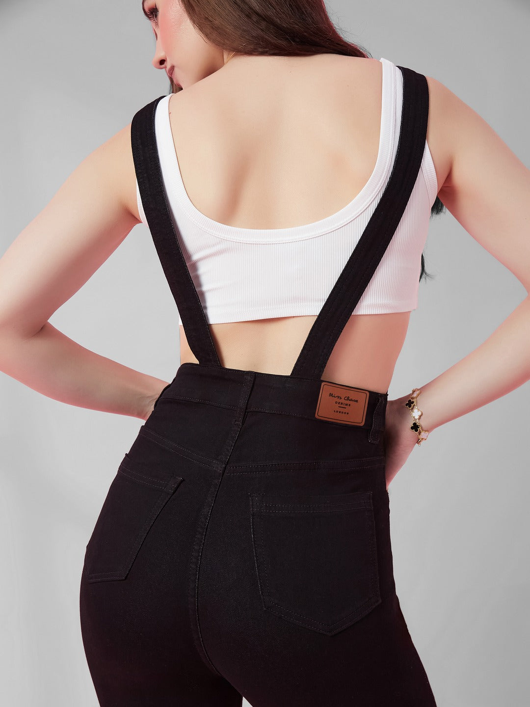 Black Skinny high-rise Regular Stretchable Denim Dungaree for Women