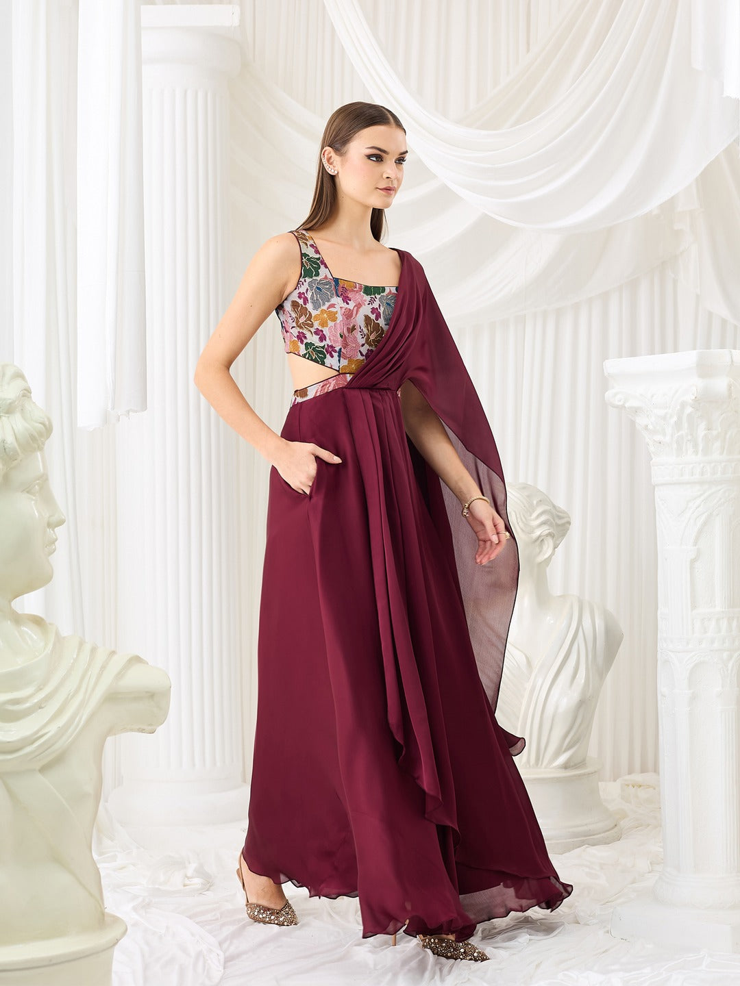 Luxe Layered Satin Gown in Wine with Square Neck & Floral Design for Women