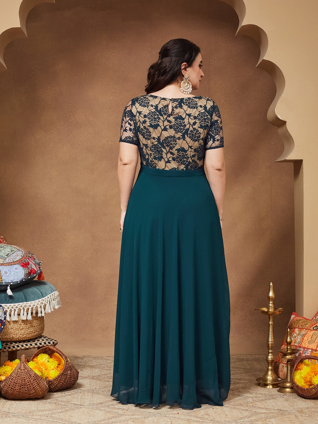 Teal Round Neck Half Sleeve Self Design Fit & Flare Georgette Maxi Dress for Women