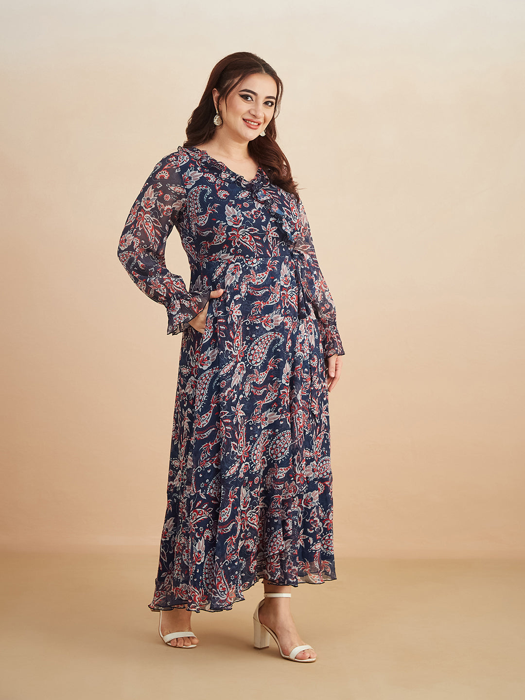 Multicolored-Base-Navy-Blue V-Neck Full Sleeves Polyester Relaxed Fit Midi Length Dress for Women