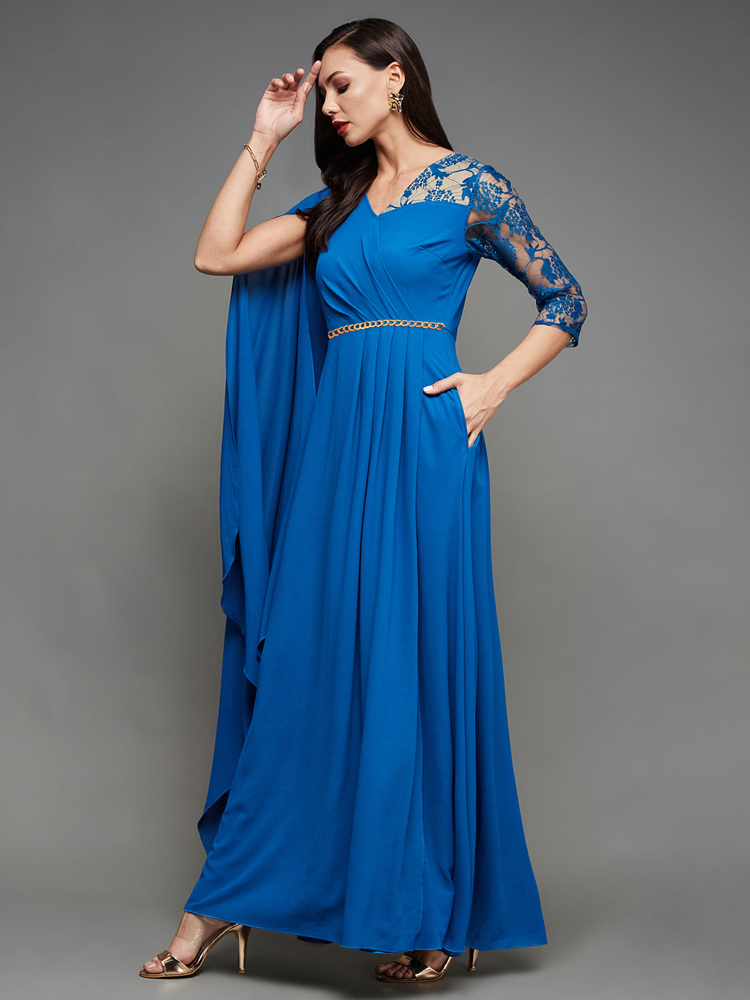 Women's Royal Blue V-Neck Asymmetric Embellished Maxi Georgette Dress