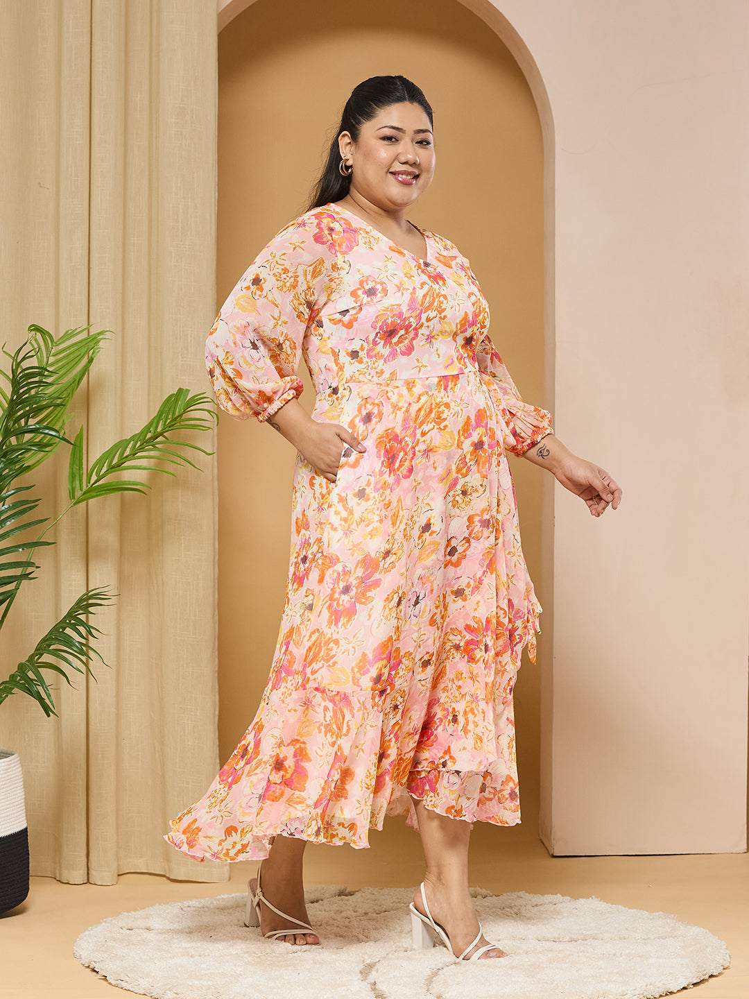 Pink & Orange V-Neck Bishop Floral Layered Chiffon Maxi Dress for Women