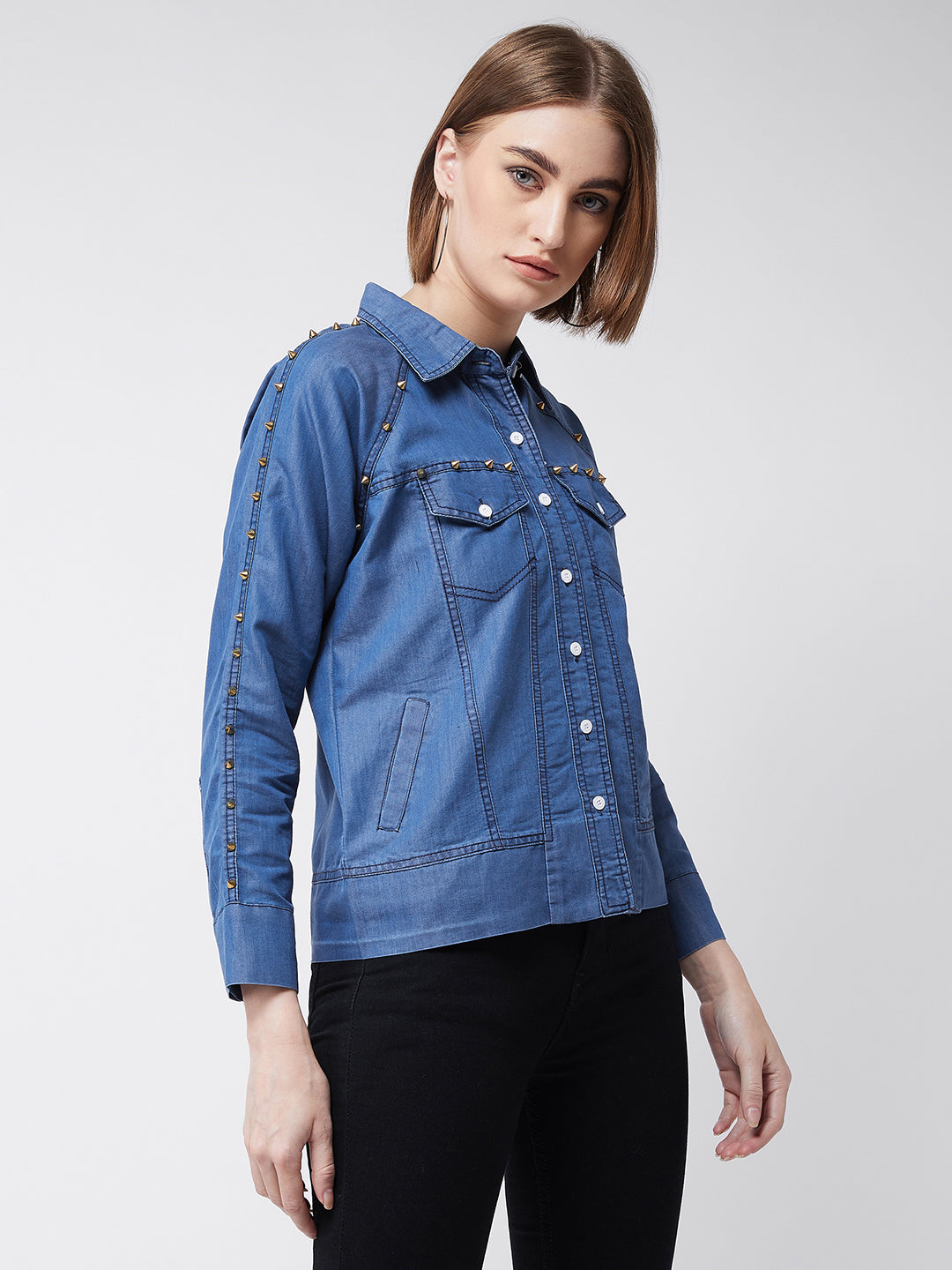 Women's Blue Polo Neck Full Sleeve Solid Embellished Flap Detailing Buttoned Denim Bomber Jacket