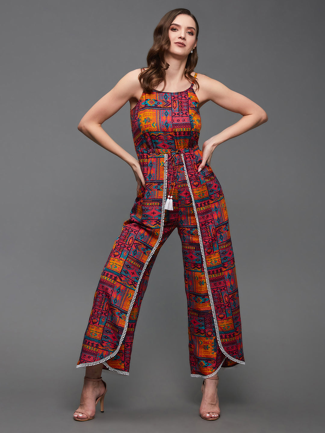 Women's Multicolored-Base-Wine Round Neck Cowl Sleeve Floral Wide-leg Viscose-Rayon Regular Length Jumpsuit