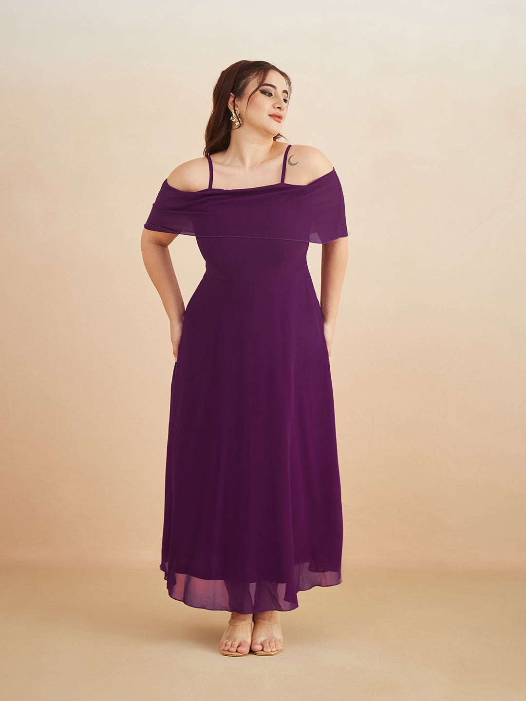 Purple Bardot Style Sleeveless Spaghetti Strap Solid Off Shoulder Midi Skater Dress for Women — Miss Chase A+