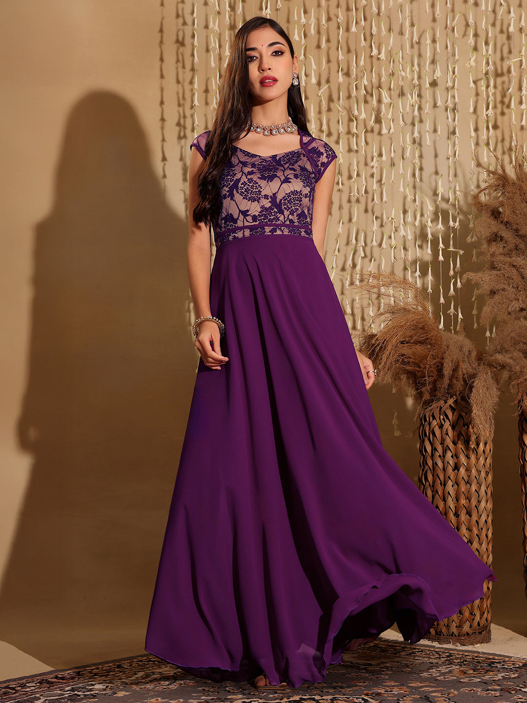 Women's Dark Purple Sweet-Heart Neck Cap-Sleeve Floral Fit & Flare Georgette Maxi Dress
