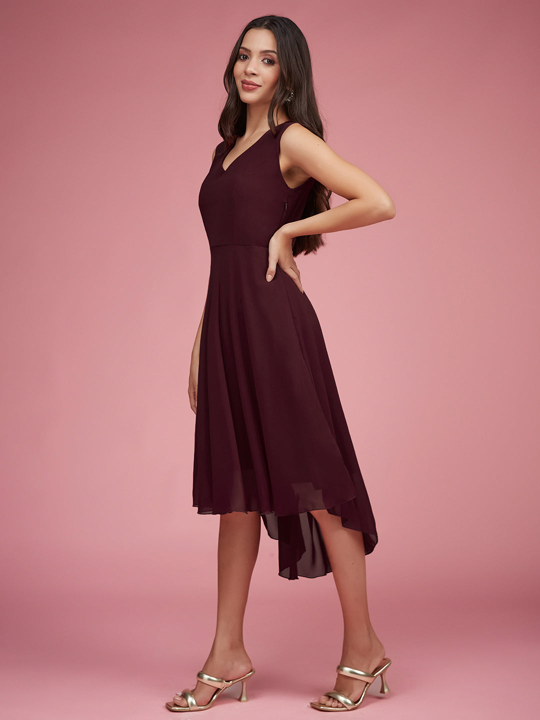 Women's Wine Red V-Neck Sleeveless Solid High-Low Midi Skater Dress