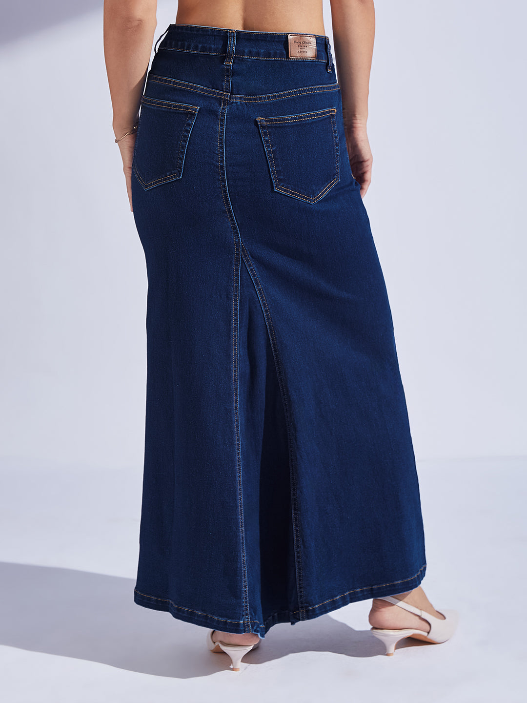 Women's Dark-Blue Flared High-Rise Stretchable Denim Maxi Skirt