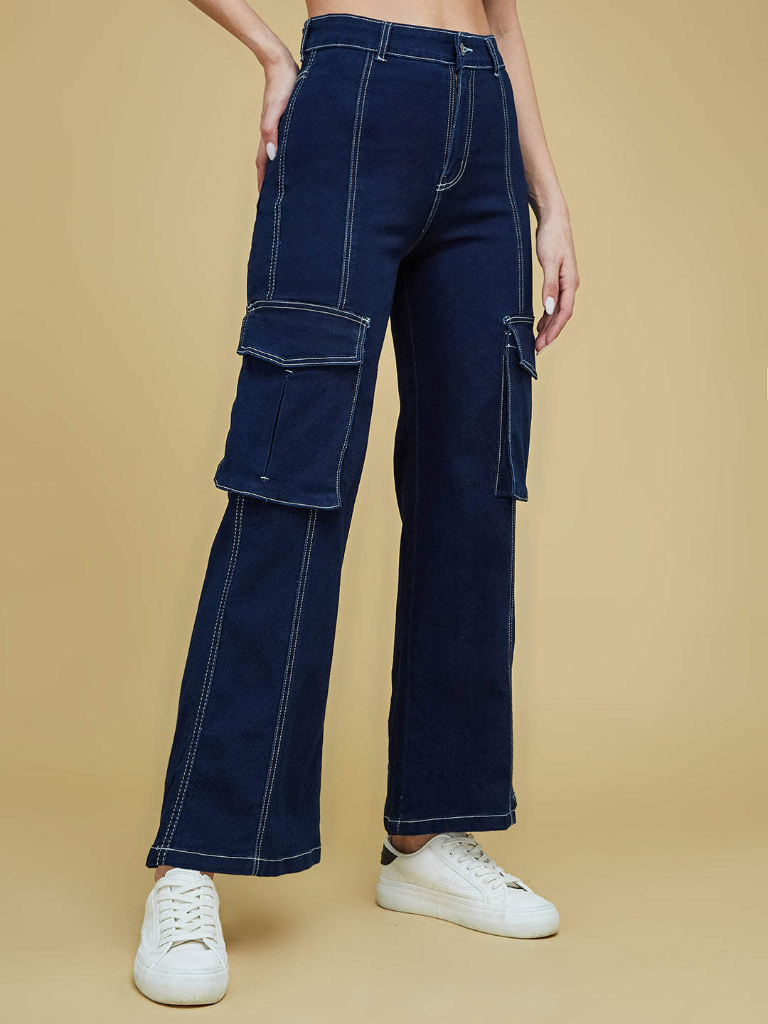 Women's Navy Blue Wide-Leg High-Rise Clean-Look Regular Stretchable Denim Jeans