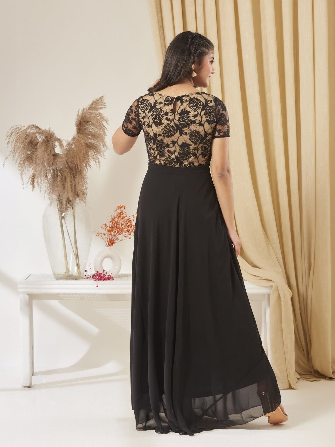 Black Round Neck Half Sleeve Self Design Fit & Flare Georgette Maxi Dress for Girls/Teenagers