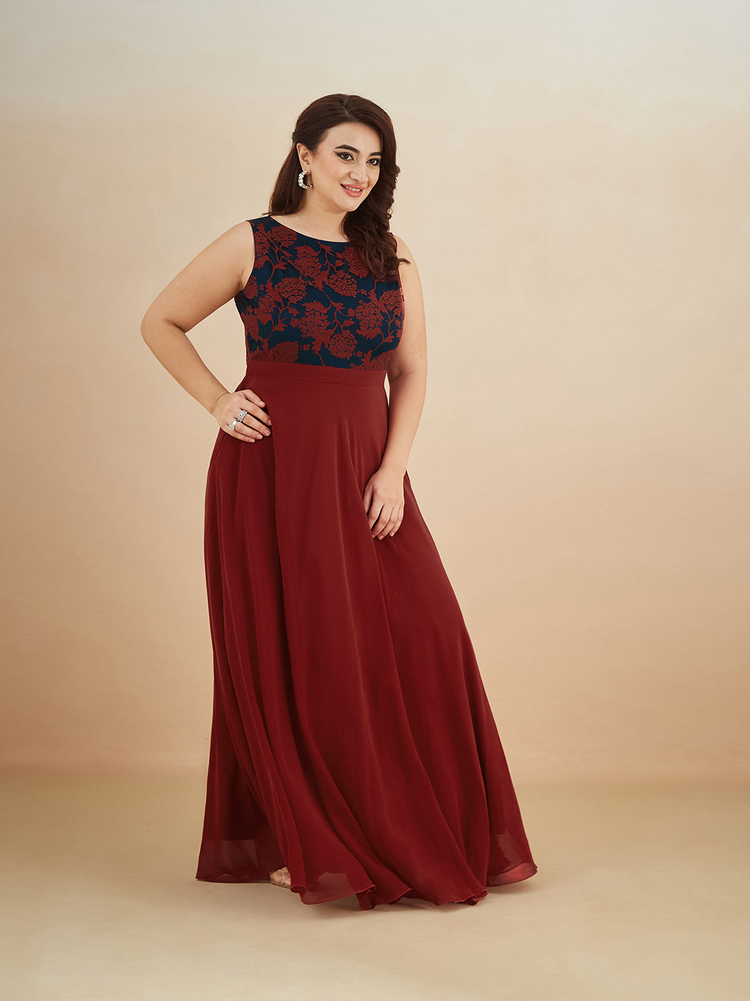 Maroon & Teal Boat Neck Sleeveless Self Design Lace Overlaid Maxi Dress for Women — Miss Chase A+