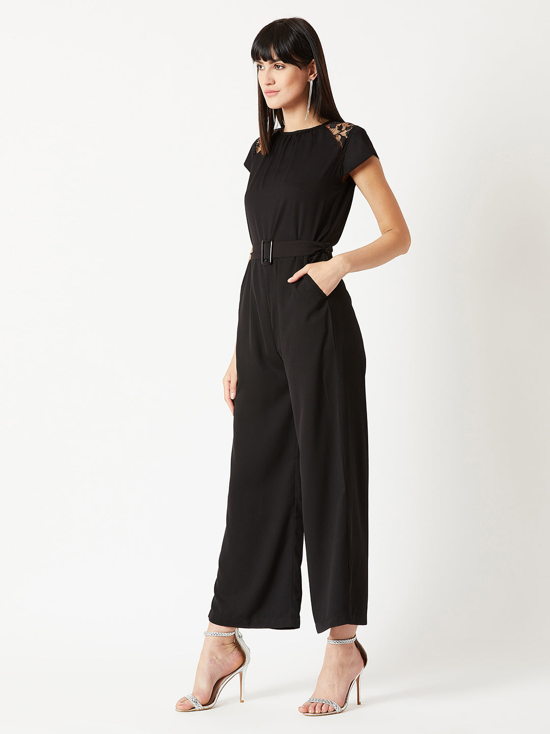 Women's Black Round Neck Cap Sleeve Solid Straight Leg Belted Maxi Jumpsuit