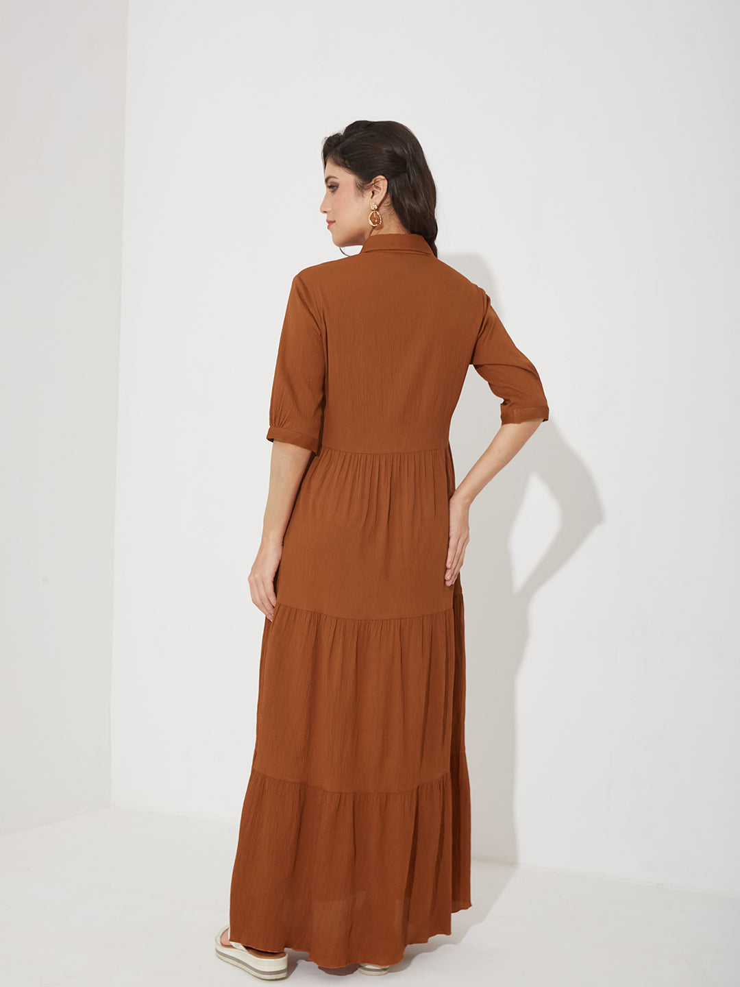 Rust Solid Polyester Shirt Maxi Dress with Bishop Sleeves and Tiered Hem for Women — Miss Chase
