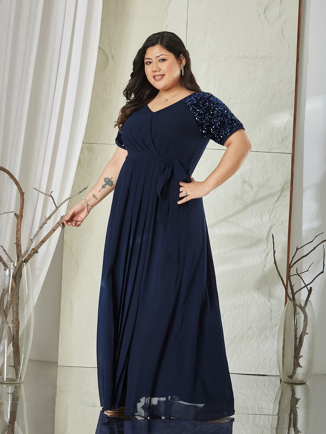 Navy Blue Relaxed Fit Maxi Georgette Dress for Women