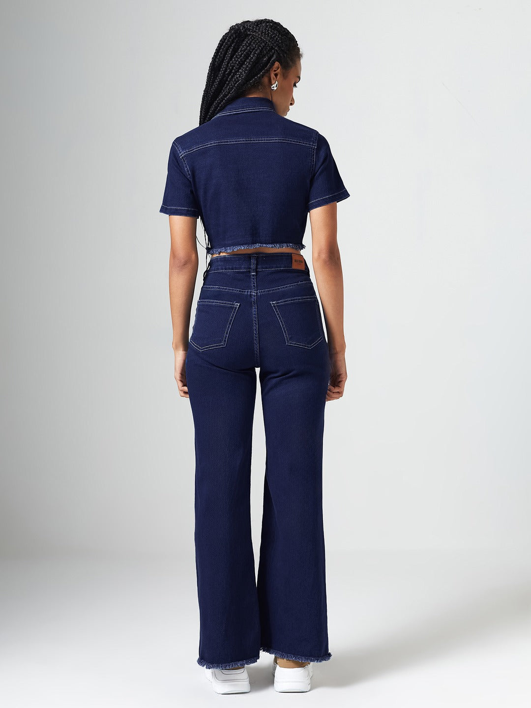 Navy Blue Bootcut High-Rise Clean-Look Cropped Top, Regular Bottom Stretchable Denim Co-Ord Set for Women
