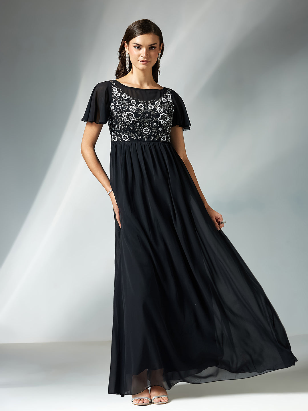 Women's Black Embellished Gathered Maxi Dress