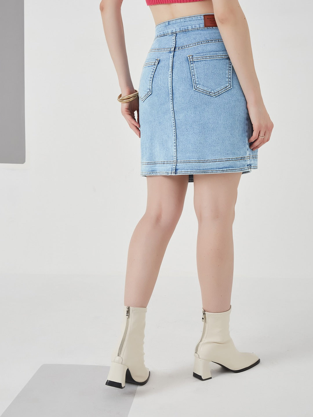 Light Blue Regular high-rise Above Knee Stretchable Denim Skirt for Women