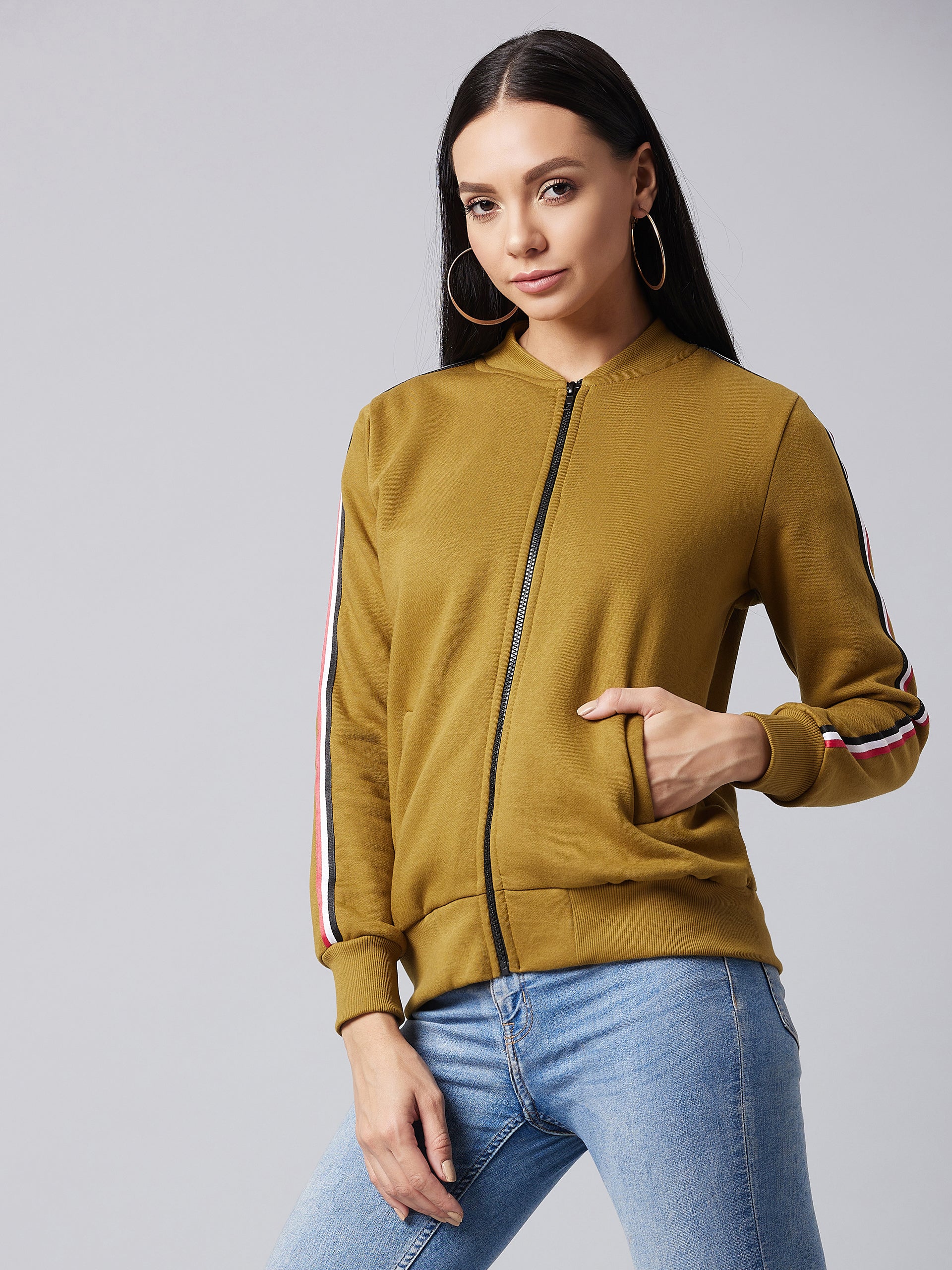 Women's Olive V-Neck Full Sleeve Solid Bomber Regular Jacket