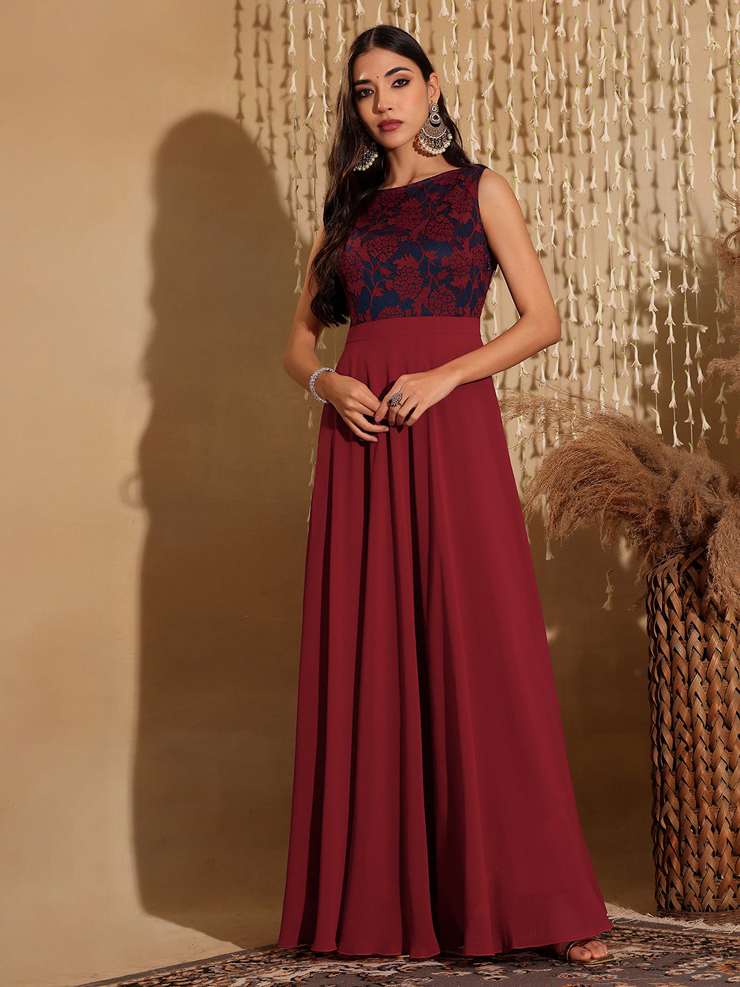 Women's Maroon & Teal Boat Neck Sleeveless Self Design Lace Overlaid Maxi Dress