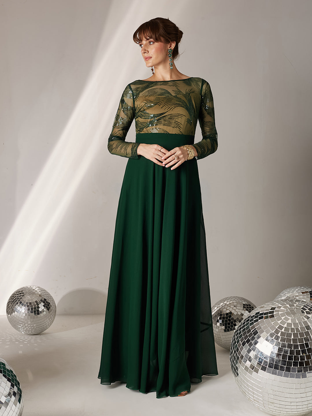 Women's Green & Beige Solid Embellished Maxi Dress