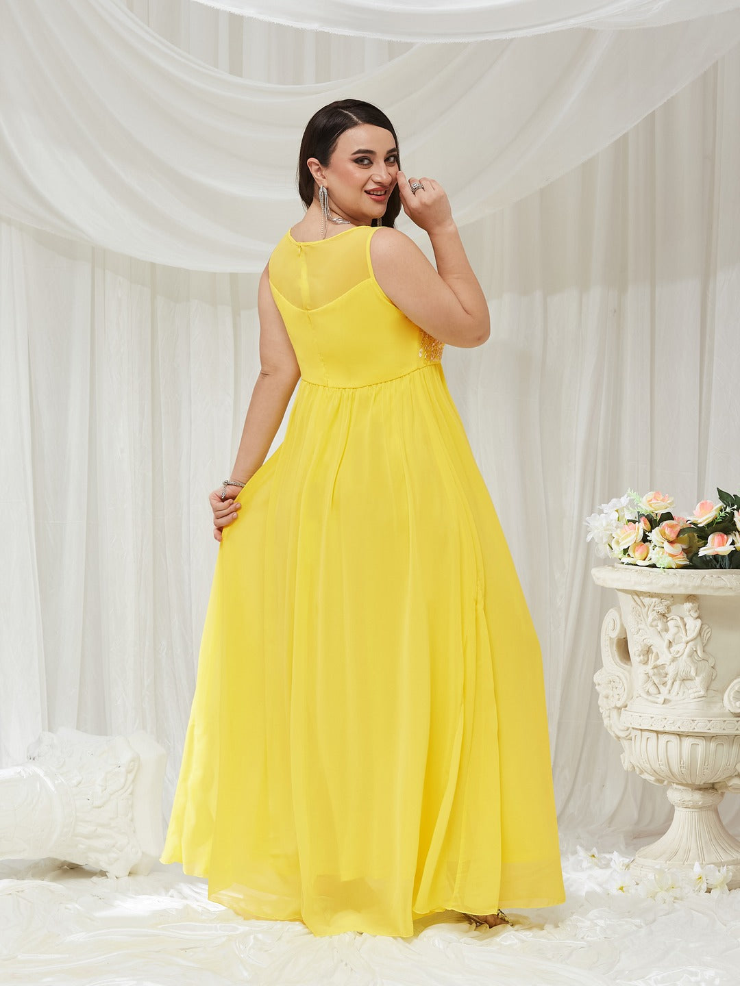 Light Yellow Boat Neck Sleeveless Embroidered Georgette Gathered Maxi Dress for Women — Miss Chase A+