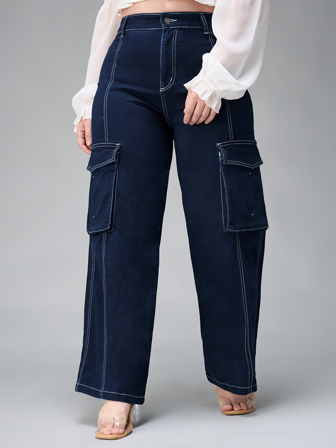 Women's Navy Blue Cargo Wide leg High rise Stretchable Baggy Denim Jeans