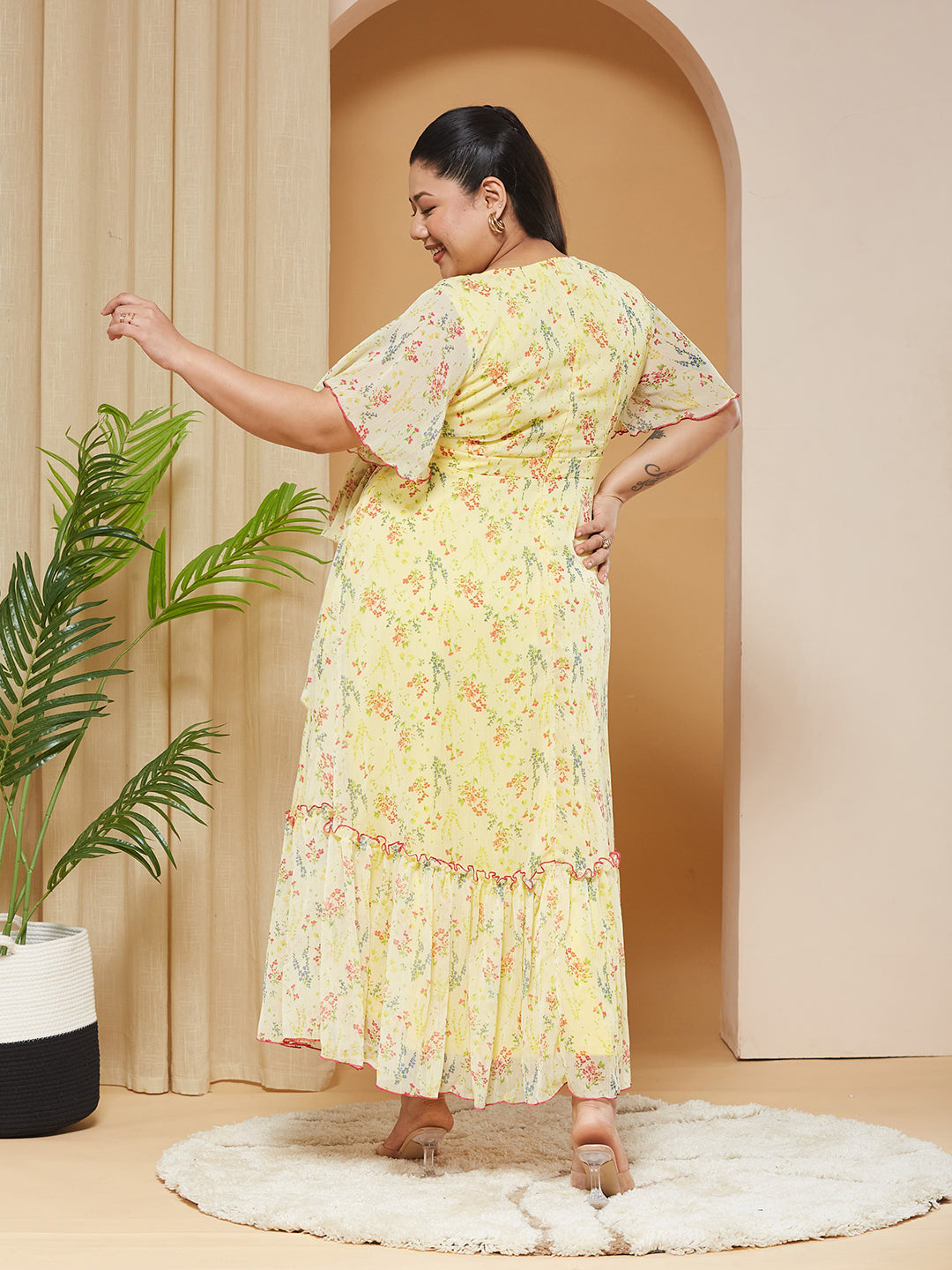 Multicolored-Base-Yellow V-Neck Flared-Sleeves Floral Wrap Maxi Dress for Women