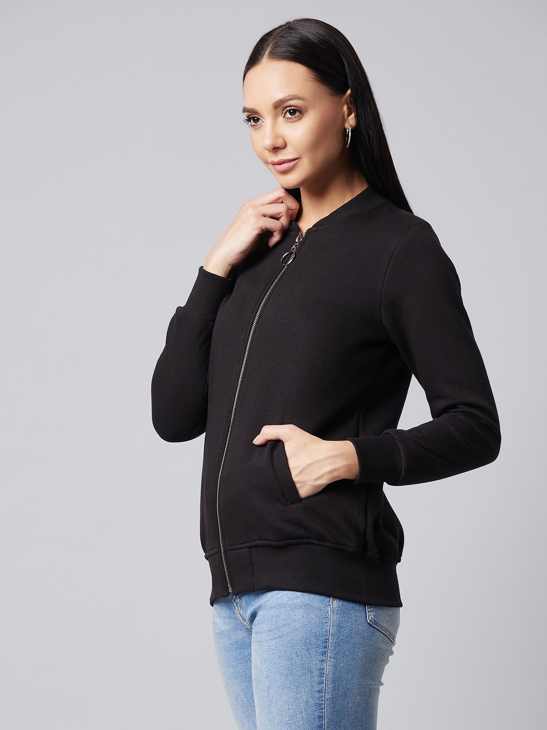 Women's Black V-Neck Full Sleeve Solid Bomber Regular Jacket