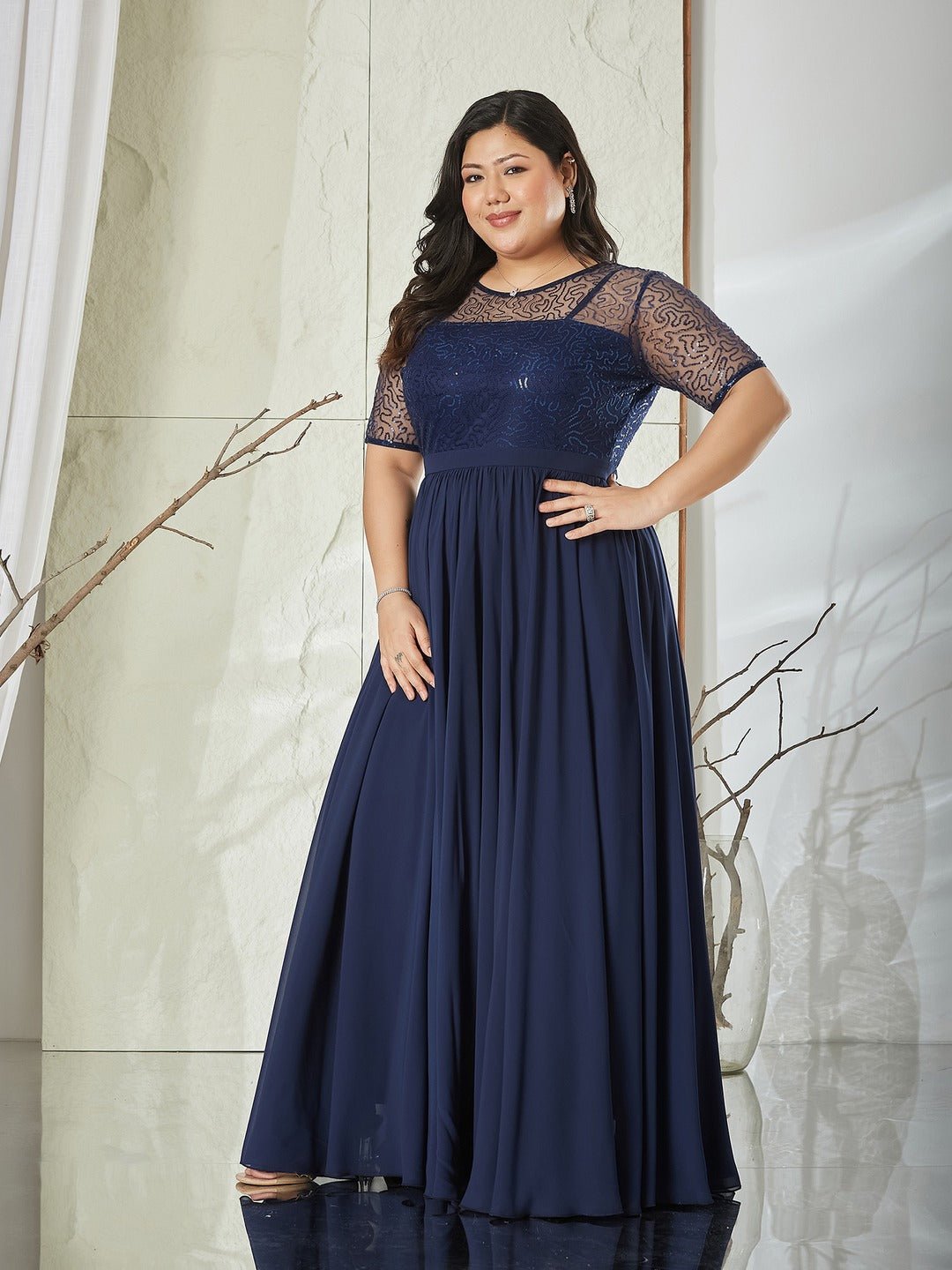 Navy Blue Relaxed Fit Maxi Georgette & Sequins Dress for Women