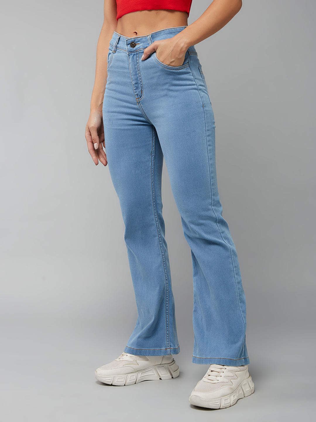 Women's Light Blue Bootcut High rise Clean look Regular Stretchable Denim Jeans