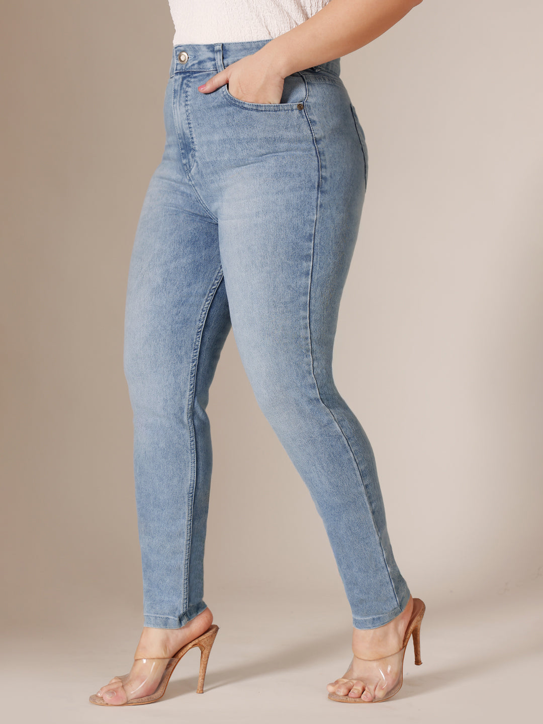 24/7 Comfort Light Blue Slim Fit High Rise Regular Length Light Wash Denim Stretchable Jeans for Women