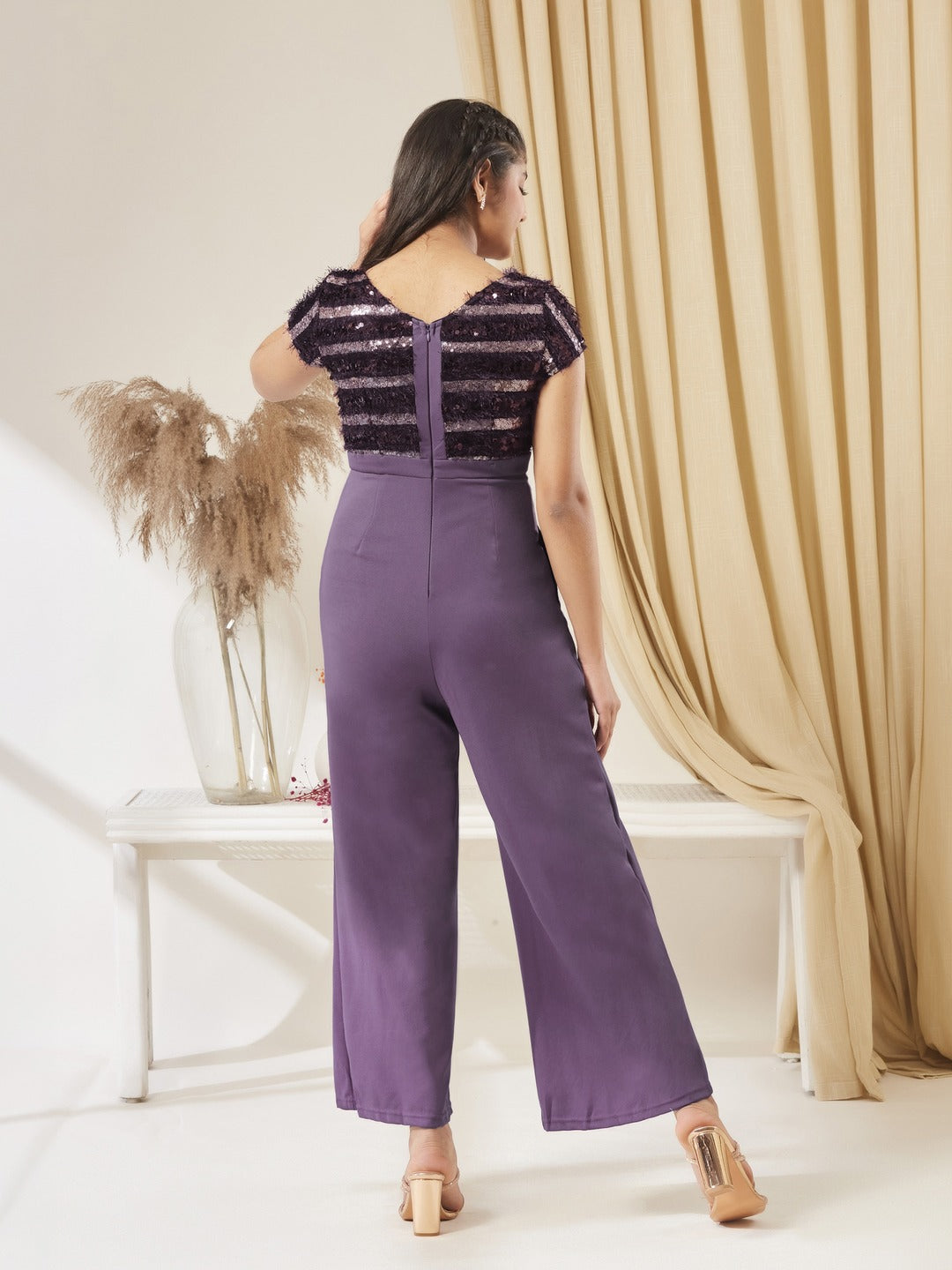 Purple Round Neck Short Sleeve Embellished Front Slit Fringed Regular Jumpsuit for Girls/Teenagers