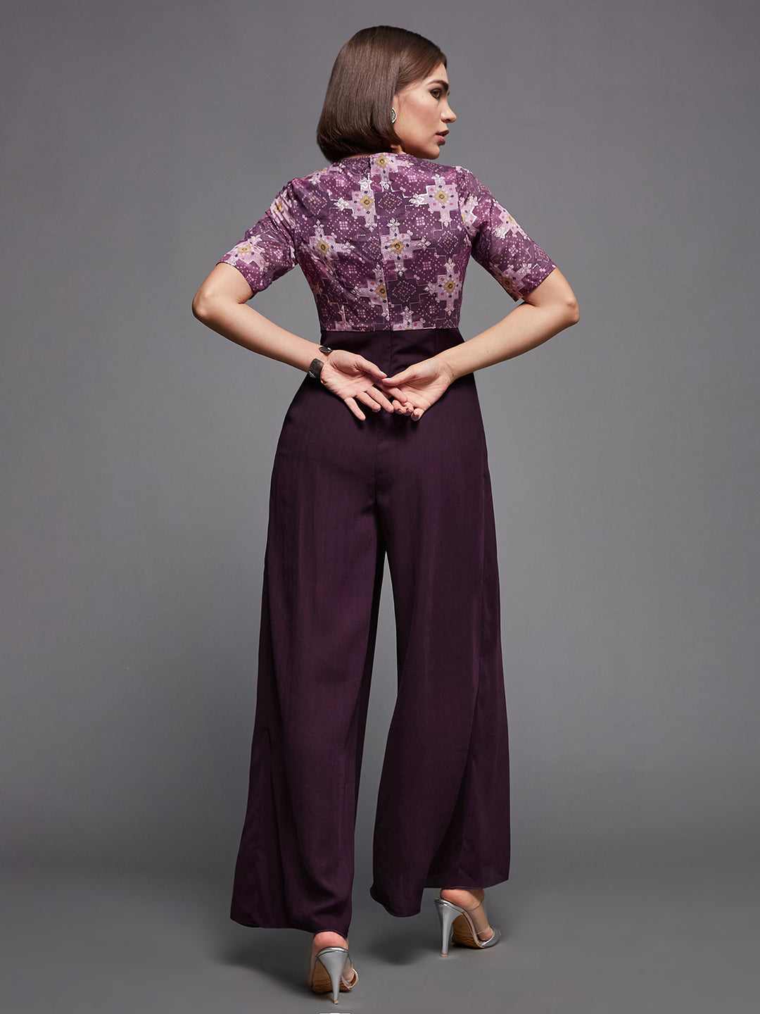 Women's Dark Purple V Neck Half Sleeve Pleated Polyester Regular-Length Solid Jumpsuits