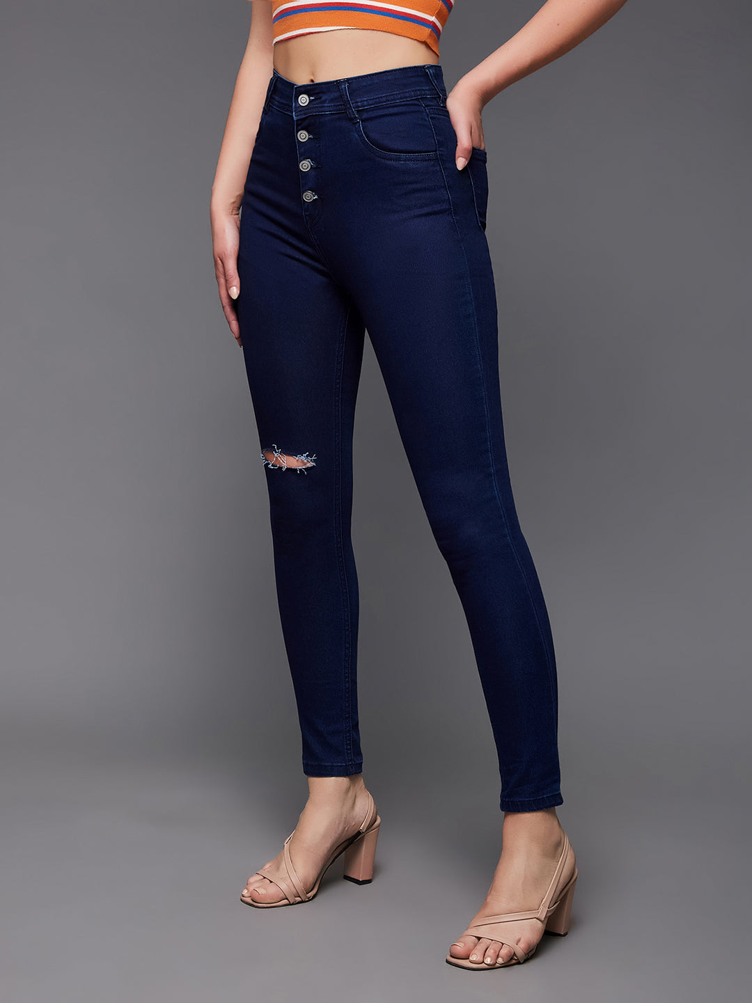 Women's Navy Blue Skinny High Rise Knee Slit Denim Jeans