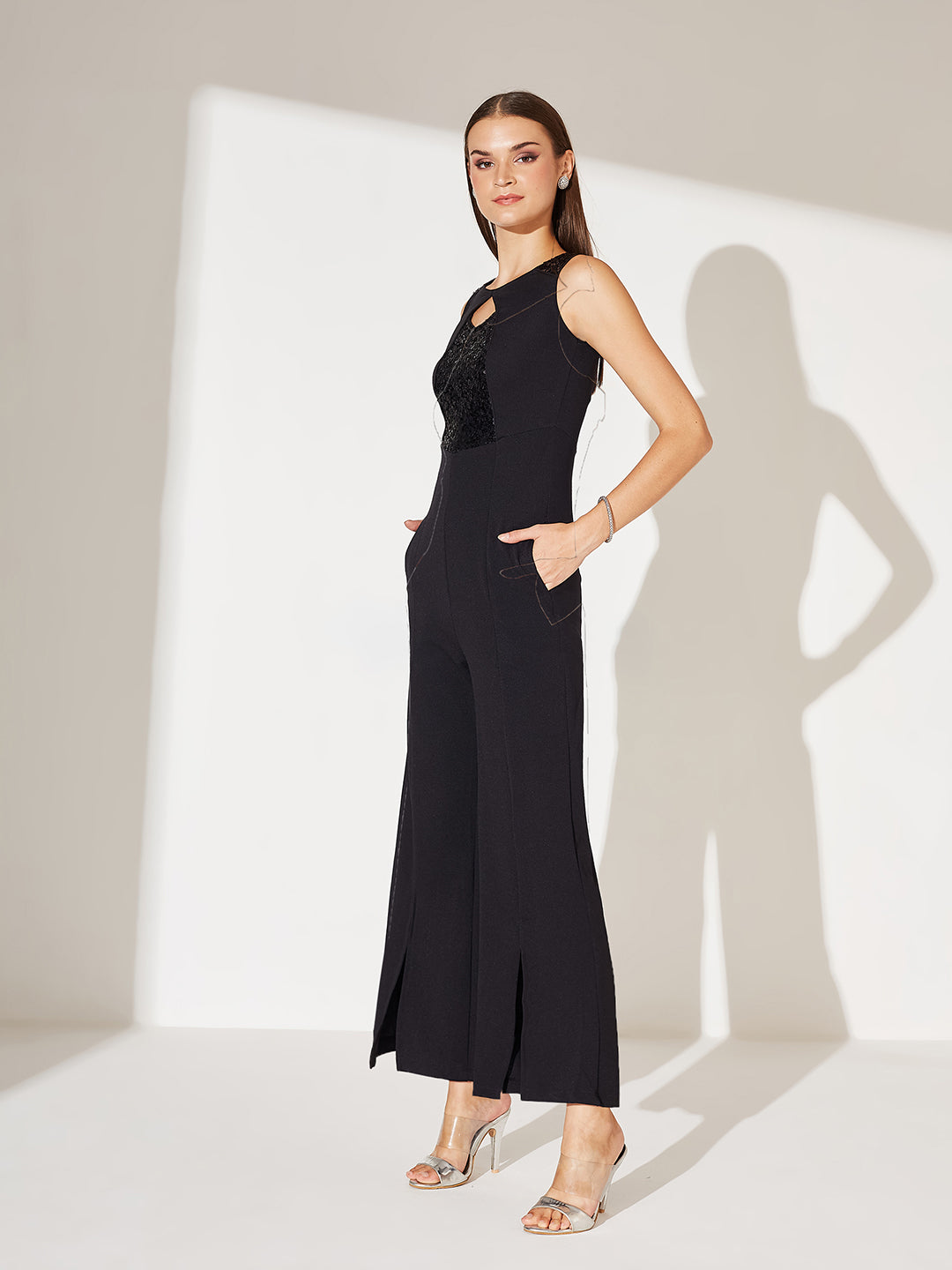 Women's Black Embellished Sweet-heart neck Sleeveless Side Pocketed Polyester Panelled Regular Jumpsuit