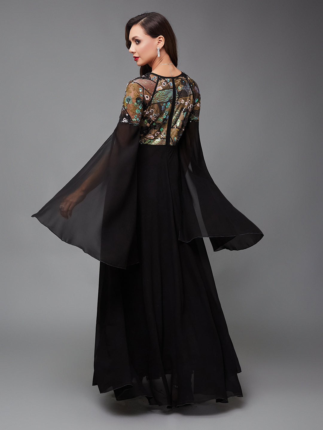 Women's Black Sweet-Heart Full Sleeve Embellished Slit Sleeve Maxi Georgette Dress