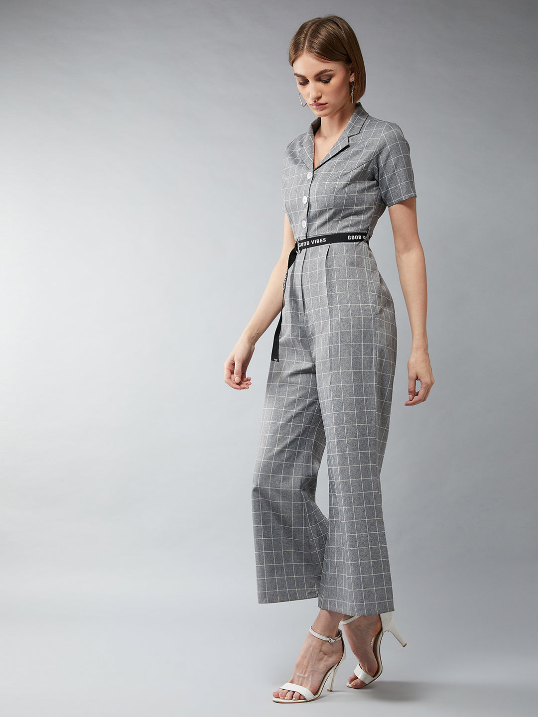 Women's Grey & White Collared Neck Half Sleeves Checkered Flared Jumpsuit