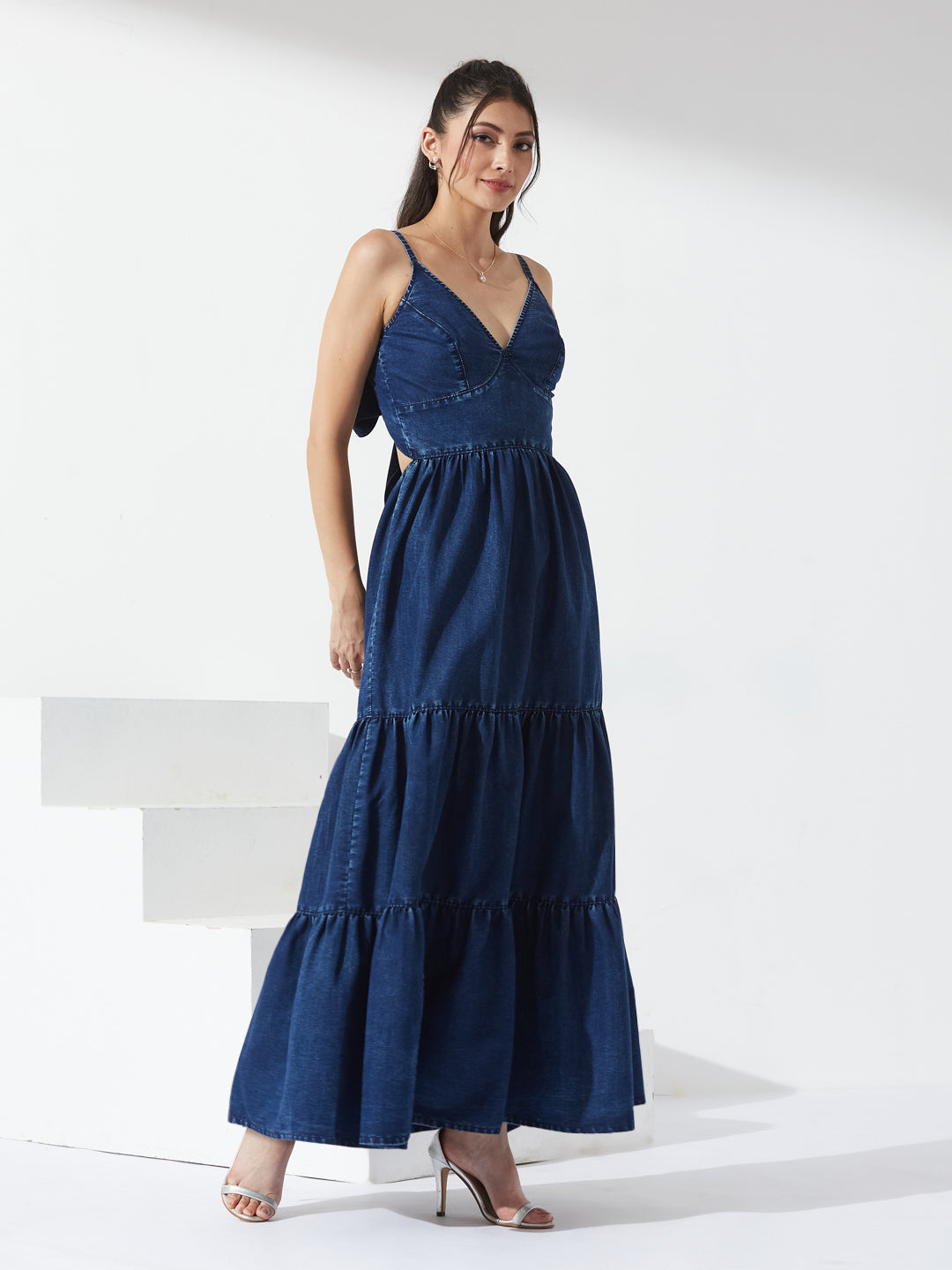 Navy Blue Sweet Heart Sleeveless Solid Tiered Tie Up Maxi Dress Maxi Navy Blue Dress For Women