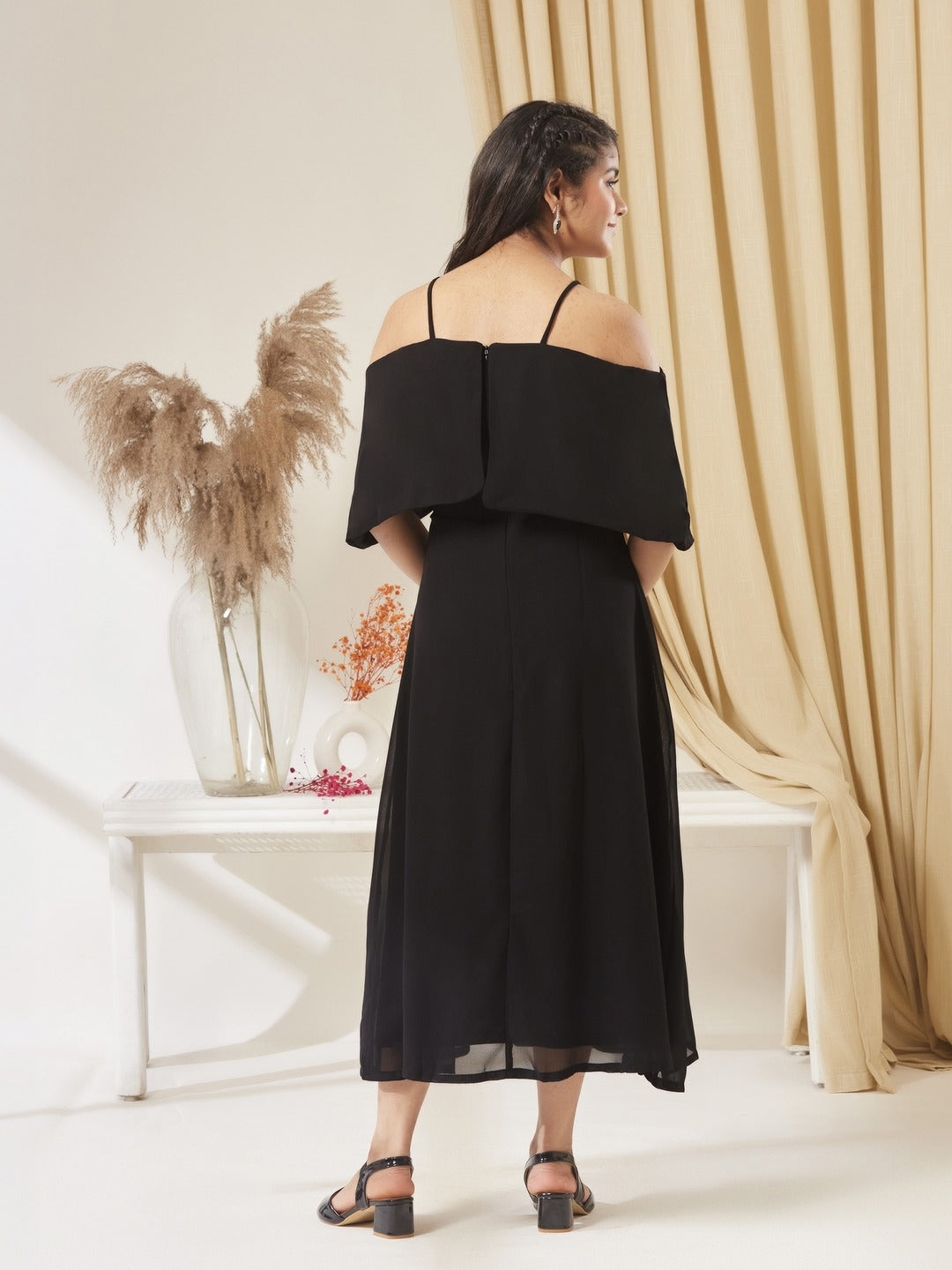 Black Bardot Style Sleeveless Spaghetti Strap Solid Off Shoulder Midi Skater Dress for Girls/Teenagers
